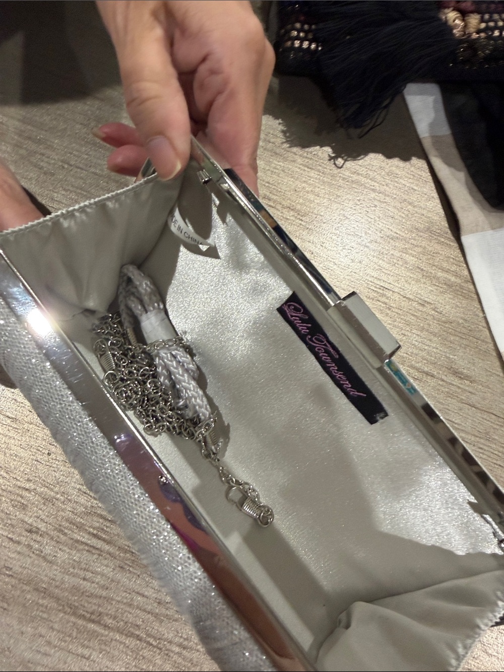 Lulu Townsend Silver Glitter Evening Clutch with Chain